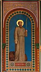 Saint Aventin est représenté tenant une palme en signe de sainteté, avec à ses pieds l'ours apaisé rendu furieux par une épine plantée dans sa pate.