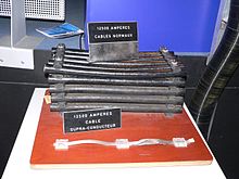 Electric cables for accelerators at CERN. Both the massive and slim cables are rated for 12,500 A. Top: regular cables for LEP; bottom: superconductor-based cables for the LHC CERN-cables-p1030764.jpg