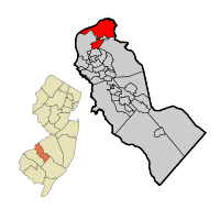 Location of Pennsauken Township in Camden County highlighted in red (right). Inset map: Location of Camden County in New Jersey highlighted in orange (left).