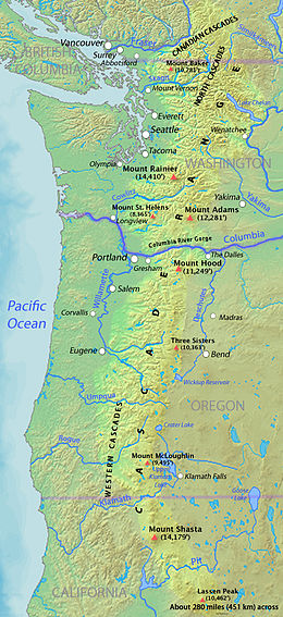 Map of the Cascade Range showing major volcanic peaks Cascaderangemap.jpg