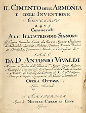 Title page from Vivaldi's Cimento dell' Armonia e dell' Inventione, volume 2, 2nd violin part (1725)