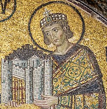 Emperor Constantine I presents a representation of the city of Constantinople as tribute to an enthroned Mary and Christ Child in this church mosaic. Hagia Sophia, c. 1000. Constantine I Hagia Sophia.jpg