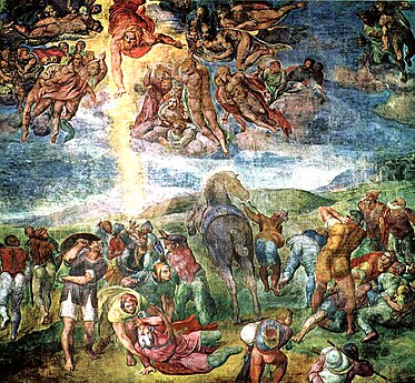 Peinture très colorée d'un homme dans une foule, frappé d'un éclair jeté des cieux par un personnage entouré de sujets.