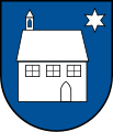 Busenweiler In Blau ein silbernes (weißes) Haus mit Glockentürmchen, oben links ein sechsstrahliger silberner (weißer) Stern