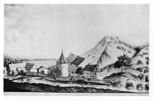Reste der Wasserburg und das Herrenhaus Haus Sand im Tal mit Blick zur Burg Lichtenfels auf der rechten Bildseite