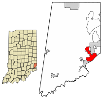 Расположение Лоуренсбурга в округе Дирборн, штат Индиана.