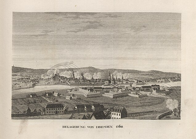 Belagerung von Dresden 1760. Deutlich ist noch links der Festung eine große Ausbuchtung der Elbe am Ort des alten Hafens zu erkennen. Das Belvedere an der exponierten Ecke der Festung ist bereits ruinös dargestellt.