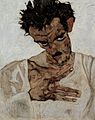 Egon Schiele, memportreto kun la kapo malsupren (1912)