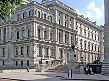 The FCDO Main Building viewed from Horse Guards Road, with the Statue of Robert Clive and the entrance to the Churchill War Rooms visible Foreign.office.london.arp.jpg