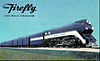 Postcard view of the Firefly train headed by a steam locomotive