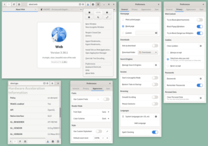 GNOME Web 3.36 v režimech „normální“ i „úzký“ [1] vedle oken předvoleb
