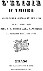 Gaetano Donizetti - L'elisir d'amore - title page of the libretto - Milan 1832