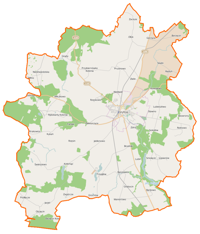 Mapa konturowa gminy Gryfice, blisko centrum na prawo znajduje się punkt z opisem „Cerkiew Zaśnięcia Przenajświętszej Bogurodzicy”