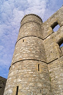 Une forte tour, construite en pierres, quelques meurtrières ; quelques ouvertures de fenêtres sur le mur qui rejoint la tour.