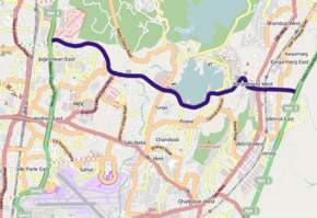 На карте показан маршрут JVLR, который соединяет шоссе Western и Eastern Express.