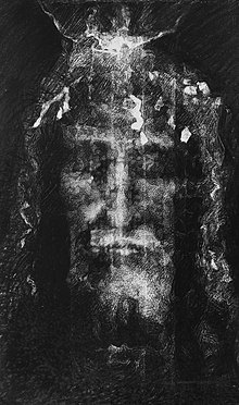 Dessin représentant le visage du Christ réalisé par Juan Luis Cousiño d'après le Suaire de Turin, mine de plomb, 1995.