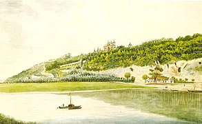 Kasteel met daarvan rechts de kapel (rond 1830)