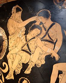 Apulian red-figure bell krater depicting the ghost of Clytemnestra waking the Erinyes, date unknown Klytaimnestra Erinyes Louvre Cp710.jpg