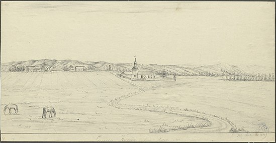 Kyrkan från söder på teckning 1849.