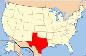 Map of the United States with Texas highlighted.