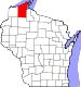 Harta statului Wisconsin indicând comitatul Bayfield