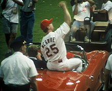 McGwire circling the field at Busch Memorial Stadium in a Chevrolet Corvette after hitting his 62nd home run of the season. Mark McGwire in Corvette-60 (cropped).jpg
