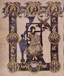 Evangelist portrait from the Grimbald Gospels, early 11th century, in the late Winchester style. Meister des Evangeliums des Grimbald 001.jpg