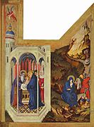 Presentazione al Tempio e Volo, con leggende dell'idolo e della primavera, Melchior Broederlam, Borgogna, c. 1400