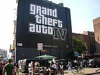 Advertisement for the computer game Grand Theft Auto IV, painted on a wall in New York City's Chinatown District.