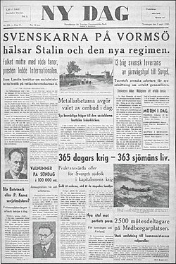 Lehden etusivu 5. syyskuuta 1940.