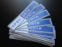 Clear labelling of the licensing terms is a key component of open data, and icons like the one pictured here are being used for that purpose. Open Data stickers.jpg