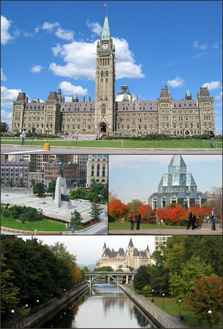 Centre Block on Parliament Hill, the National War Memorial in downtown Ottawa, the د کاناډا ملي آرشیف، and the Rideau Canal with Château Laurier.