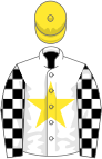 White, yellow star, black and white check sleeves, yellow cap