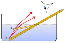 A pencil part immersed in water looks bent due to refraction: the light waves from X change direction and so seem to originate at Y. Pencil in a bowl of water.svg