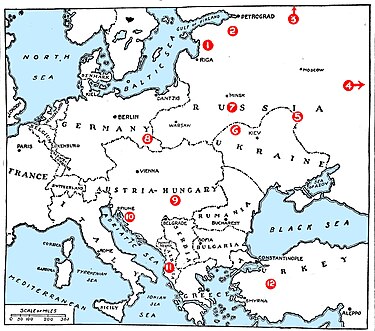 Map of Europe with numbered locations