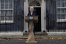 British Prime Minister Liz Truss speaks at her statement lectern during her resignation from government, 2022 Prime Minister Liz Truss Resigns (52441641064).jpg