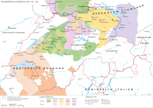 The house dominions that existed around AD 1200:      Savoy      Zähringer      Habsburg      Kyburg