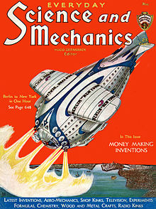 Science and Mechanics cover of November 1931, showing a proposed sub-orbital spaceship that would reach an altitude 700 miles (1,100 km) on its one hour trip from Berlin to New York. Science and Mechanics Nov 1931 cover.jpg