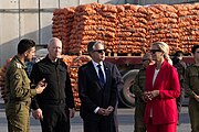 Secretary Blinken with Israeli Defense Minister Yoav Gallant and UN Senior Humanitarian and Reconstruction Coordinator for Gaza Sigrid Kaag at the Kerem Shalom border crossing in Israel, May 2024