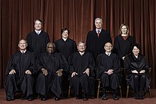 The Roberts Court in 2020. This court oversaw the landmark United States Supreme Court case Dobbs v. Jackson Women's Health Organization in 2022. Supreme Court of the United States - Roberts Court 2020.jpg