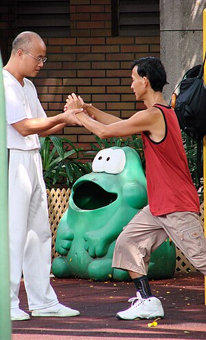 A tai chi chuan teacher corrects his student's...