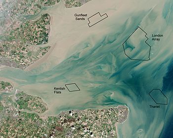 Four offshore wind farms are in the Thames Estuary area: Kentish Flats, Gunfleet Sands, Thanet and London Array. The latter was the largest in the world until September 2018. Thames Estuary and Wind Farms from Space NASA with annotations.jpg