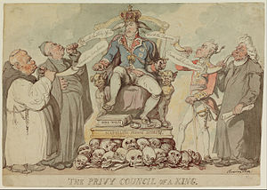 Caricature by Thomas Rowlandson titled Privy Council of a King (1815); throned is George IV, then Prince Regent. Thomas Rowlandson - The Privy Council of a King - Google Art Project.jpg