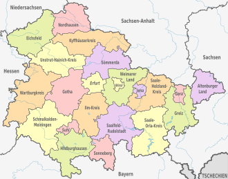 Map of Thuringia showing the boundaries of the districts