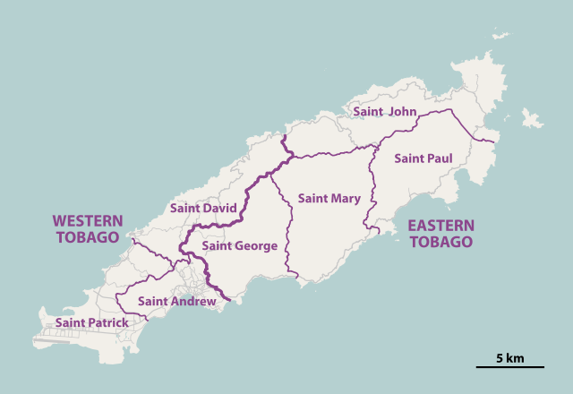 多巴哥（大岛）、小多巴哥（最右边）山羊岛（多巴哥和小多巴哥之间）和圣吉尔斯岛（右上角）地图。