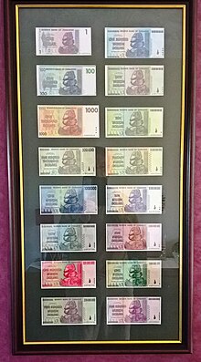 Selection of 16 original un-circulated Zimbabwe notes ranging in denomination from Z$1 to Z$100 trillion. They are all signed by Gideon Gono, the Governor of the Reserve Bank of Zimbabwe, in the period 2007 to 2008, who promises "to pay the bearer on demand". Zimbabwe dollar notes 1 to 100 trillion 2007 08 Front.jpg