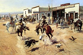 "A Quiet Day in Utica" noto anche come "Tinning a Dog" (1907). Raffigura Russell ed altri abitanti di Utica, in Montana