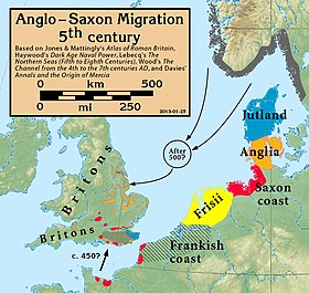 The migrations according to Bede, who wrote some 300 years after the event; there is archeological evidence that the settlers in England came from many of these mainland locations Anglo.Saxon.migration.5th.cen.jpg