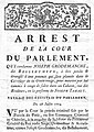 Arrest de la cour du parlement 28 juillet 1774, qui condamne Joseph Grodemanche dit Bellehumeur, signé Vandive (1/4).