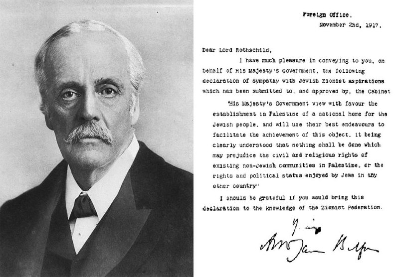 ملف:Balfour portrait and declaration.JPG